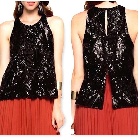 Everly Sequined Top Sz Large Black Jazz Sparkle New Years Cocktails Halter Glam - Picture 3 of 16